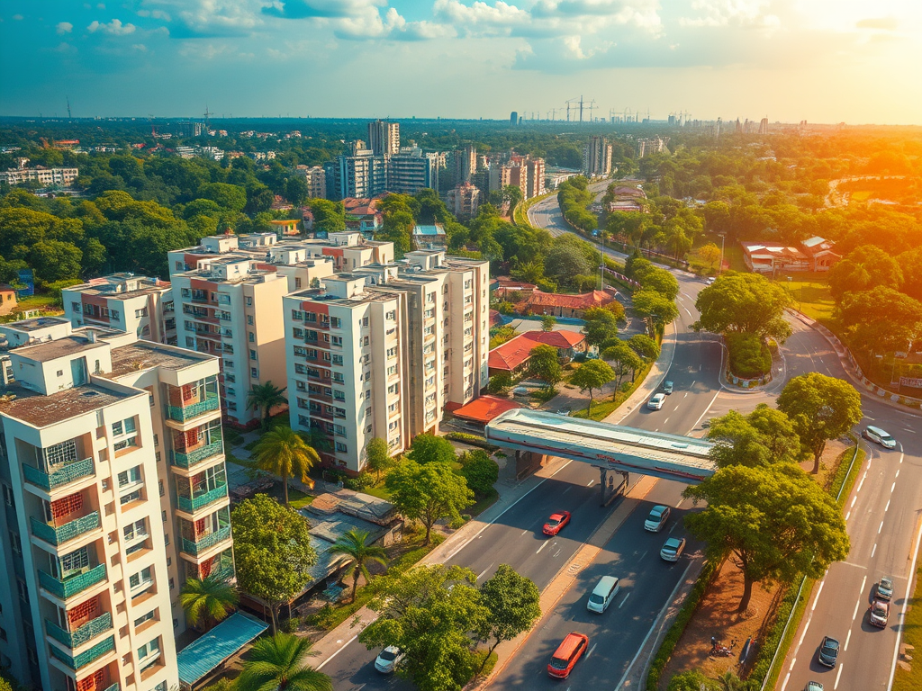 Modern residential apartment buildings in a green urban neighbourhood in Bangalore with wide roads and city skyline